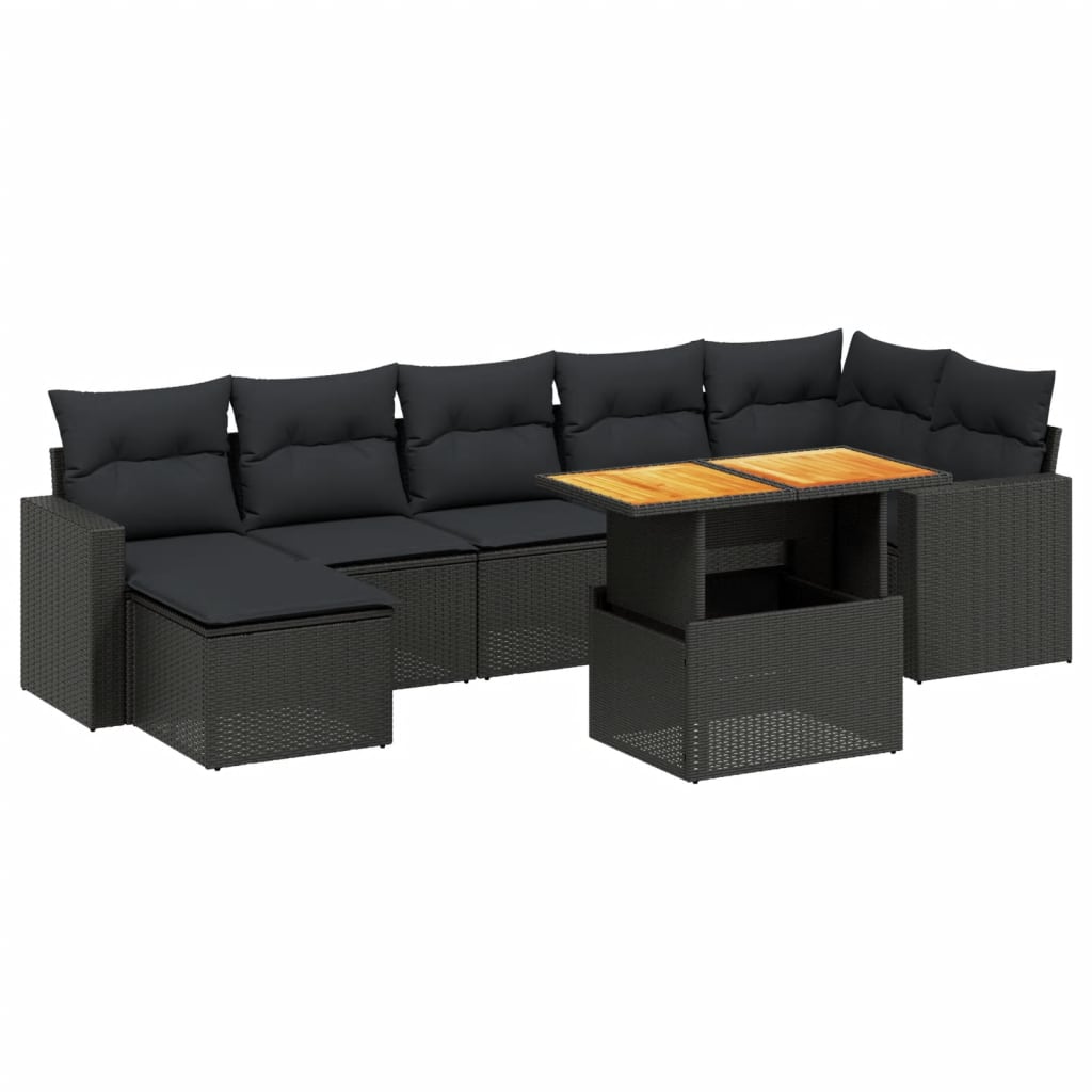 8 részes fekete polyrattan kerti ülőgarnitúra párnákkal