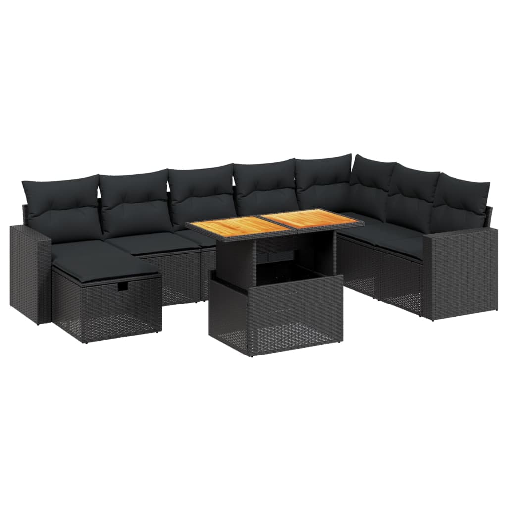 9 részes fekete polyrattan kerti ülőgarnitúra párnákkal