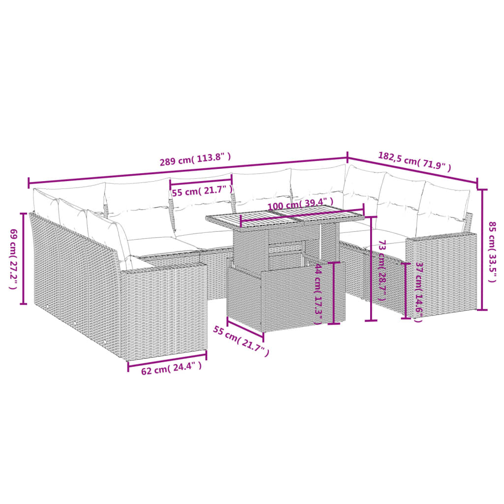 10 részes szürke polyrattan kerti ülőgarnitúra párnákkal
