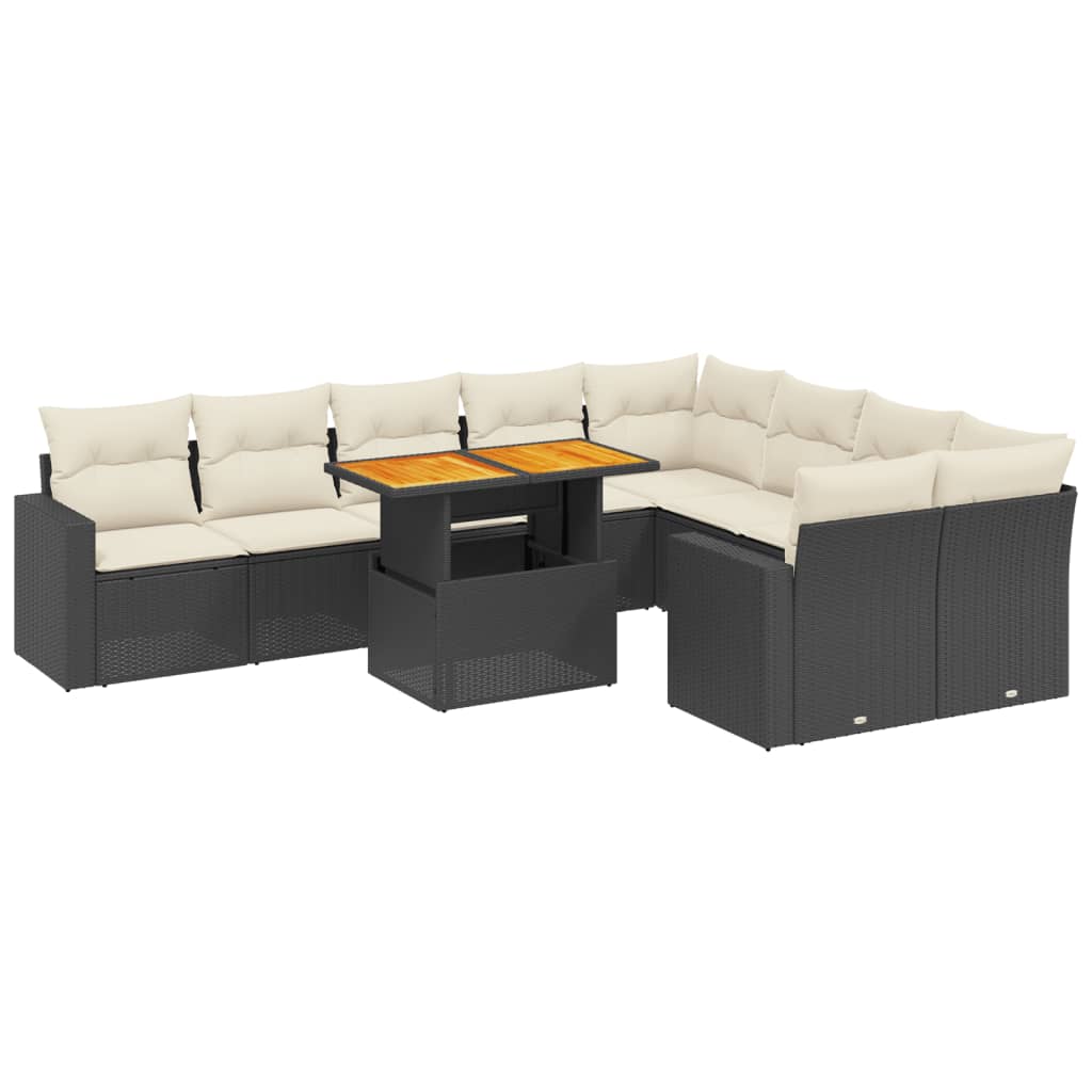 10 részes fekete polyrattan kerti ülőgarnitúra párnákkal