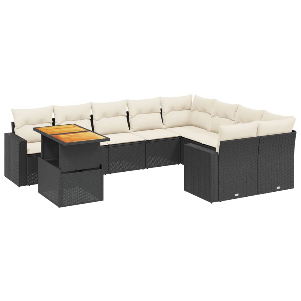10 részes fekete polyrattan kerti ülőgarnitúra párnákkal