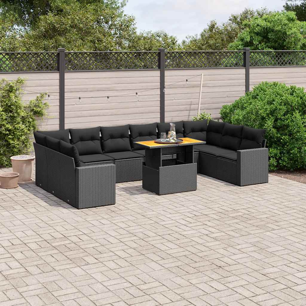 11 részes fekete polyrattan kerti ülőgarnitúra párnákkal