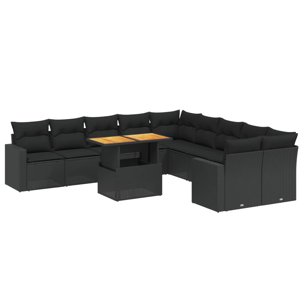 11 részes fekete polyrattan kerti ülőgarnitúra párnákkal