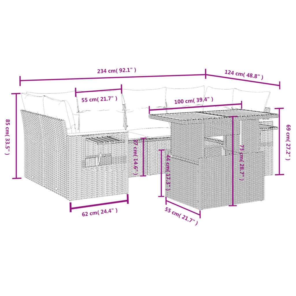 7 részes bézs polyrattan kerti ülőgarnitúra párnákkal
