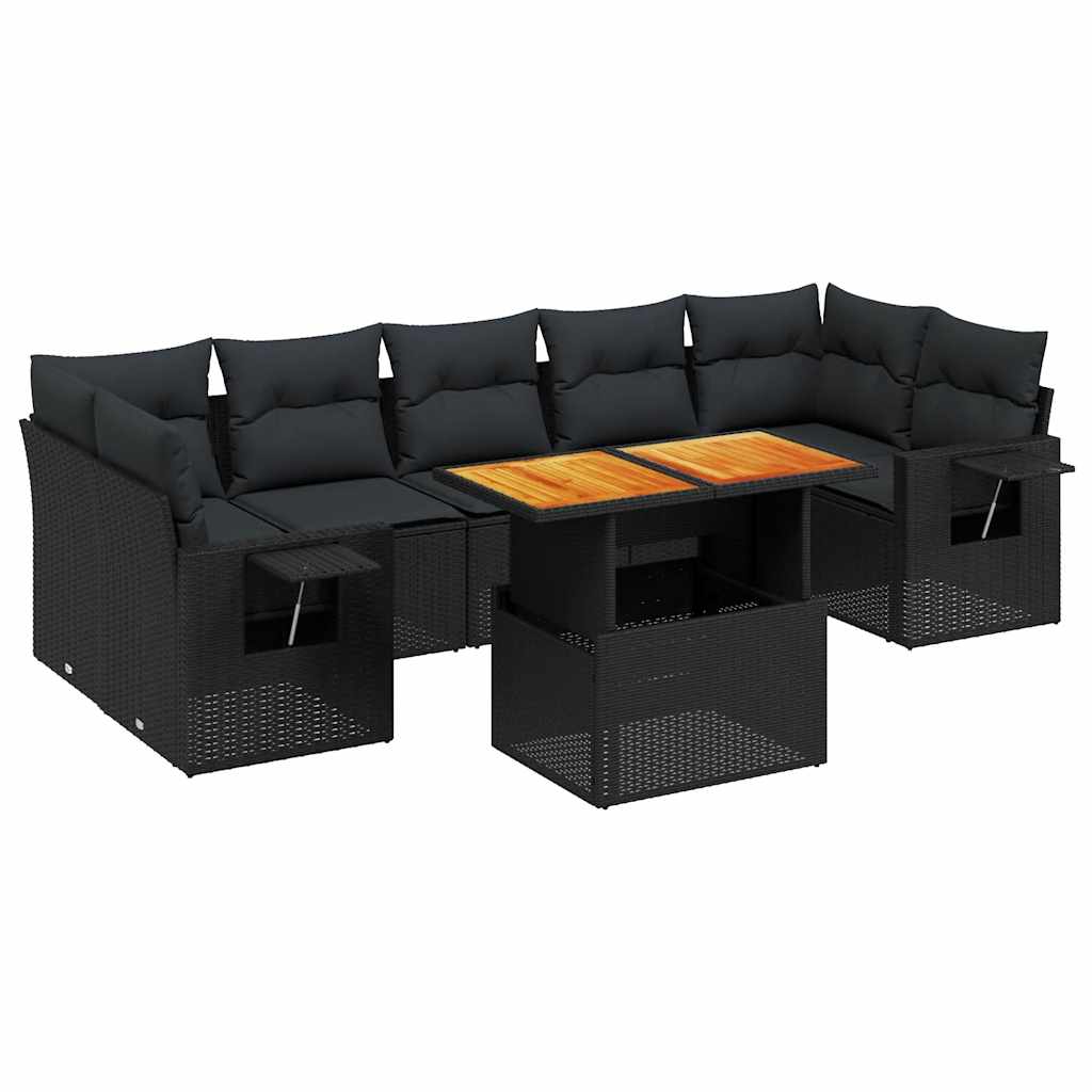 8 részes fekete polyrattan kerti ülőgarnitúra párnákkal