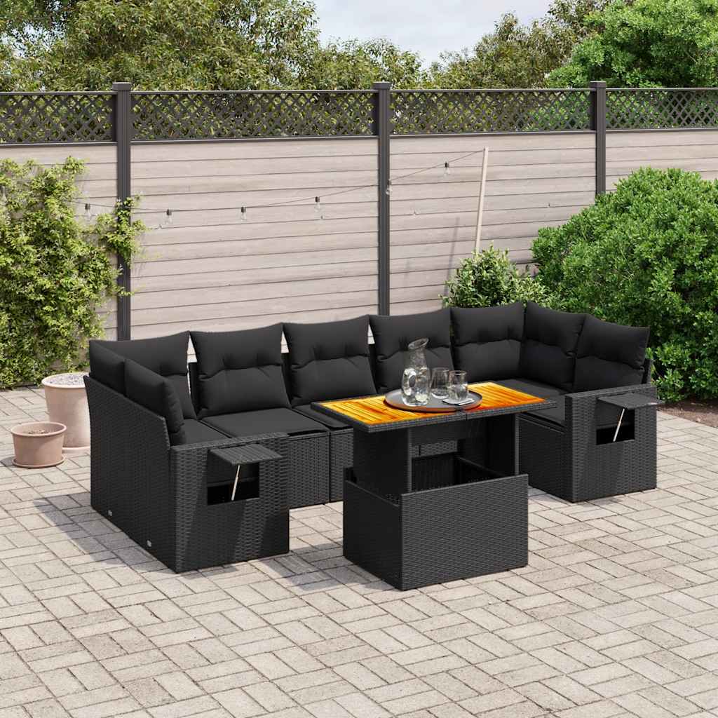 8 részes fekete polyrattan kerti ülőgarnitúra párnákkal