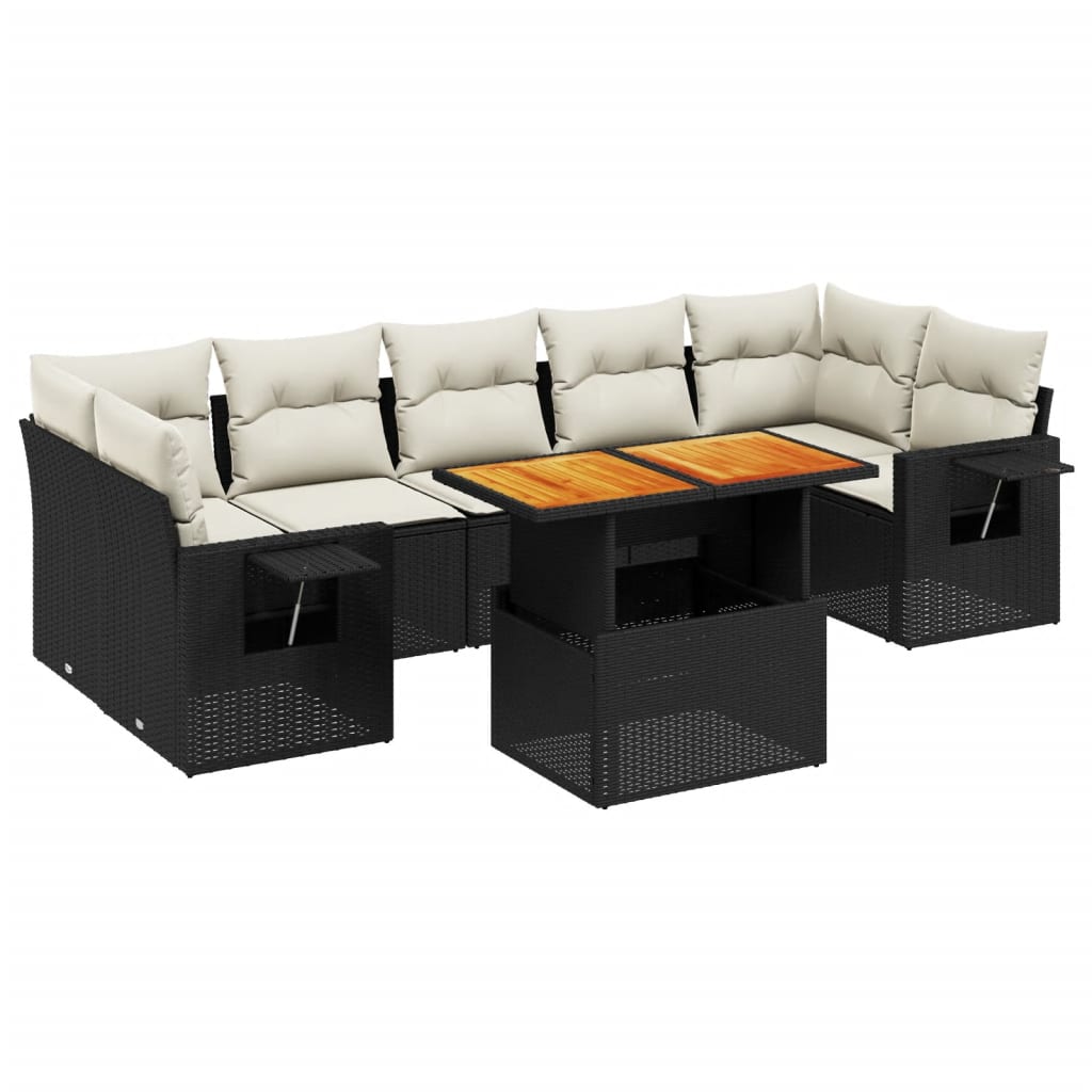 8 részes fekete polyrattan kerti ülőgarnitúra párnákkal