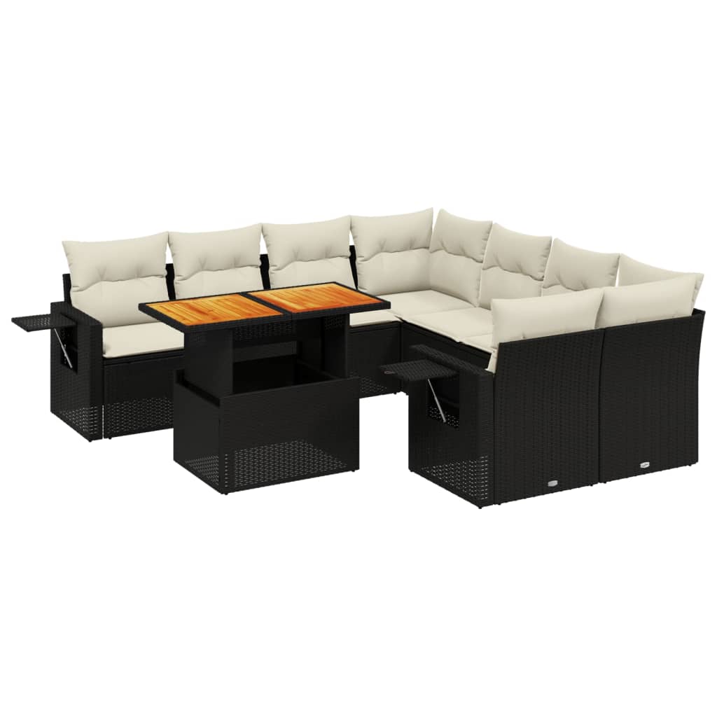 9 részes fekete polyrattan kerti ülőgarnitúra párnákkal
