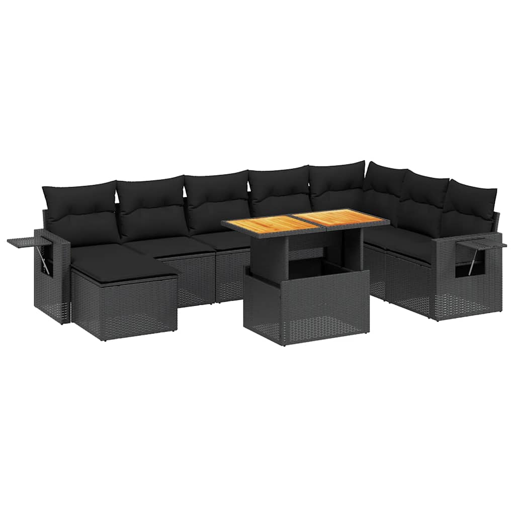 9 részes fekete polyrattan kerti ülőgarnitúra párnákkal