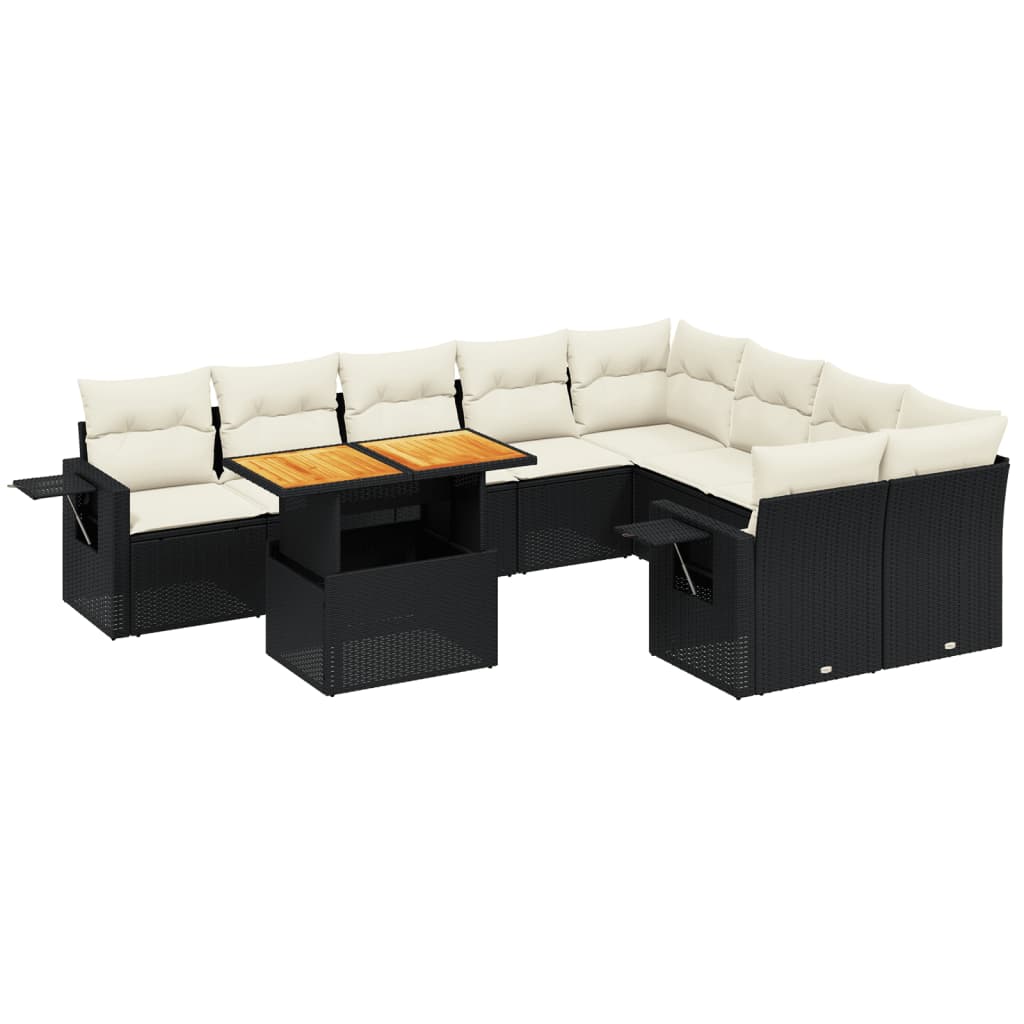 10 részes fekete polyrattan kerti ülőgarnitúra párnákkal