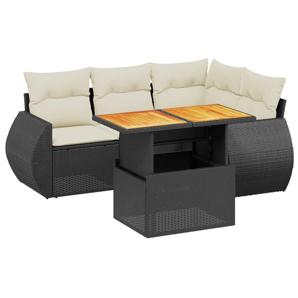 5 részes fekete polyrattan kerti kanapészett párnákkal