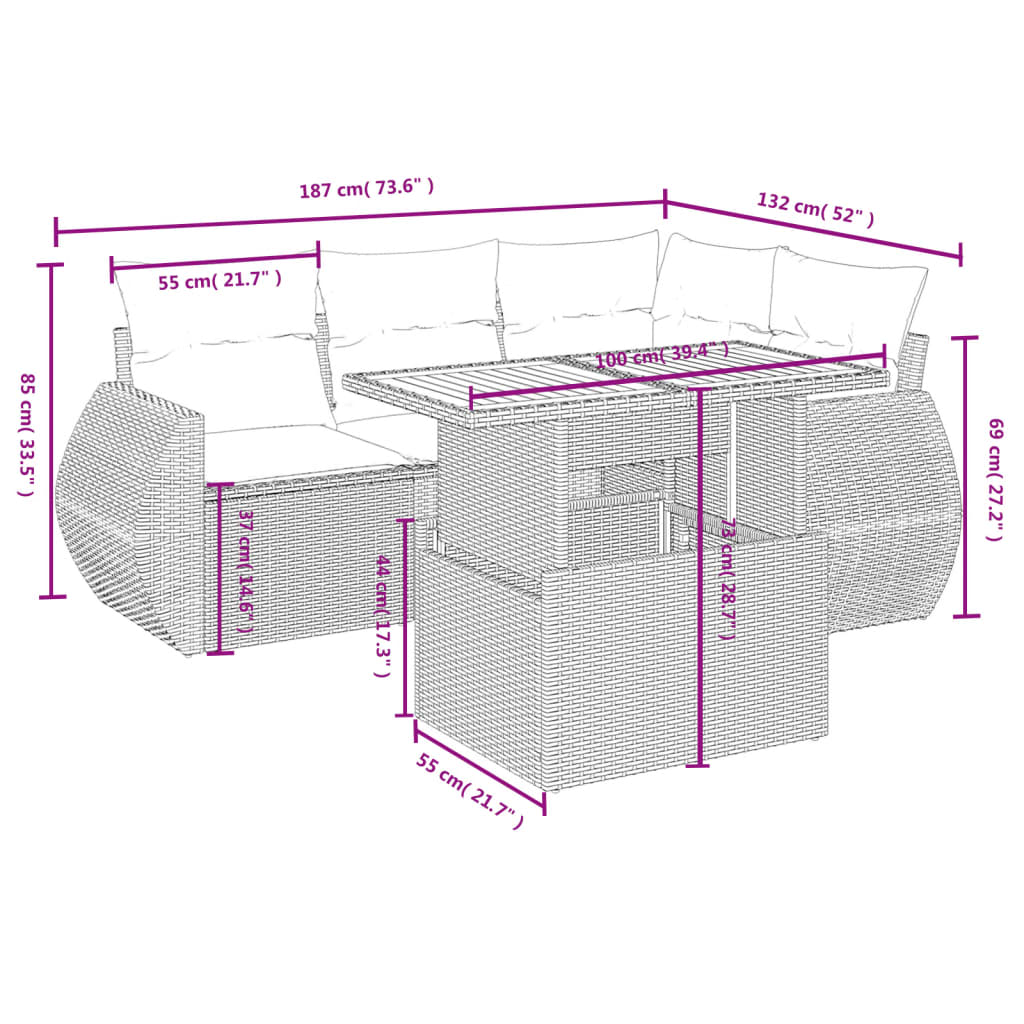 5 részes fekete polyrattan kerti kanapészett párnákkal