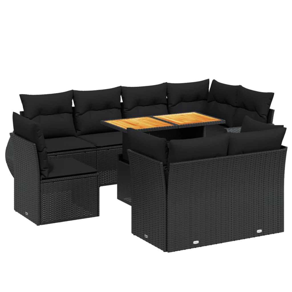 9 részes fekete polyrattan kerti ülőgarnitúra párnákkal