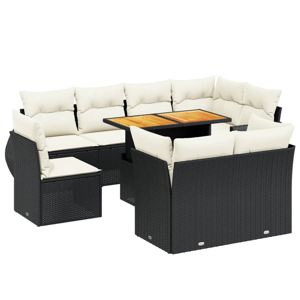 9 részes fekete polyrattan kerti ülőgarnitúra párnákkal