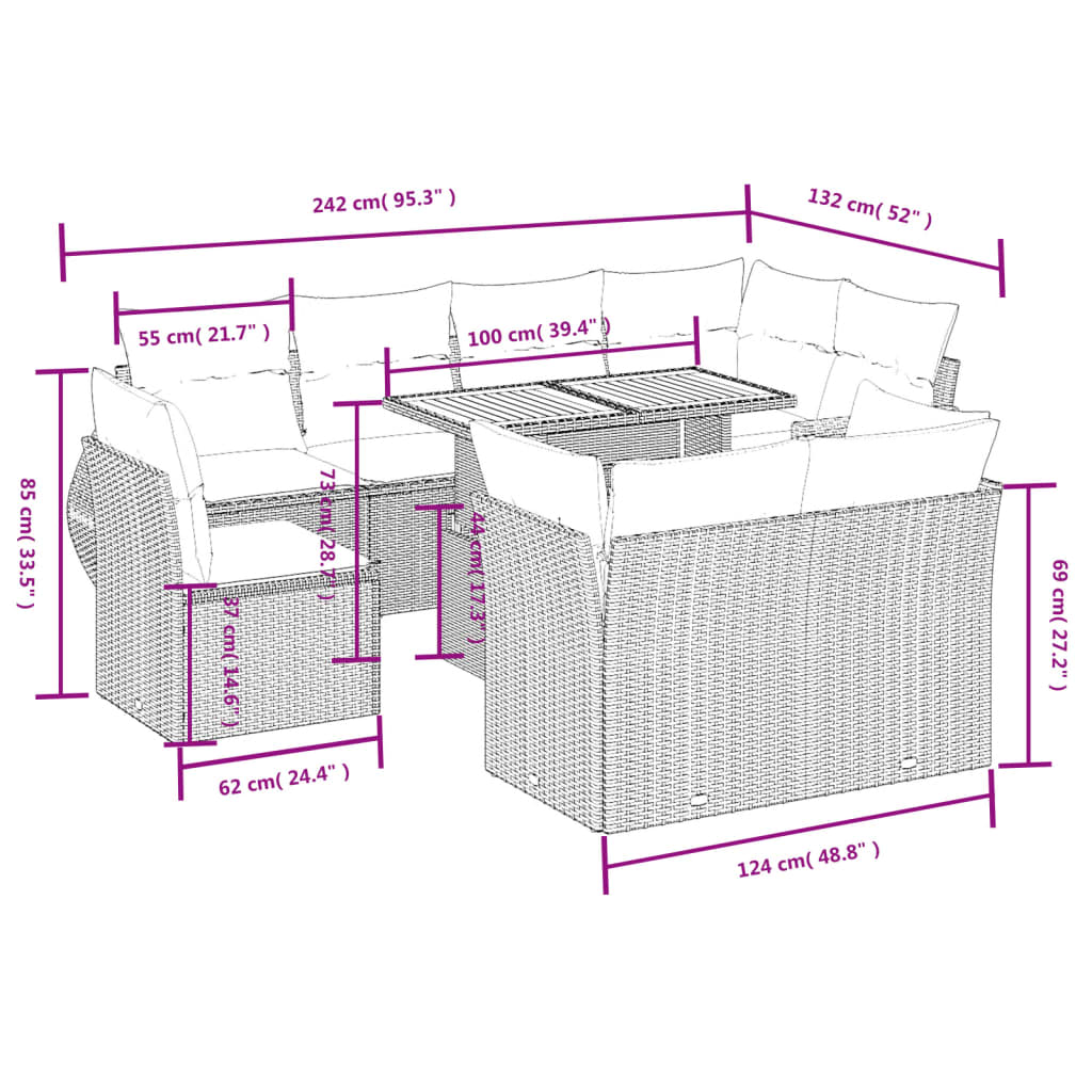 9 részes fekete polyrattan kerti ülőgarnitúra párnákkal
