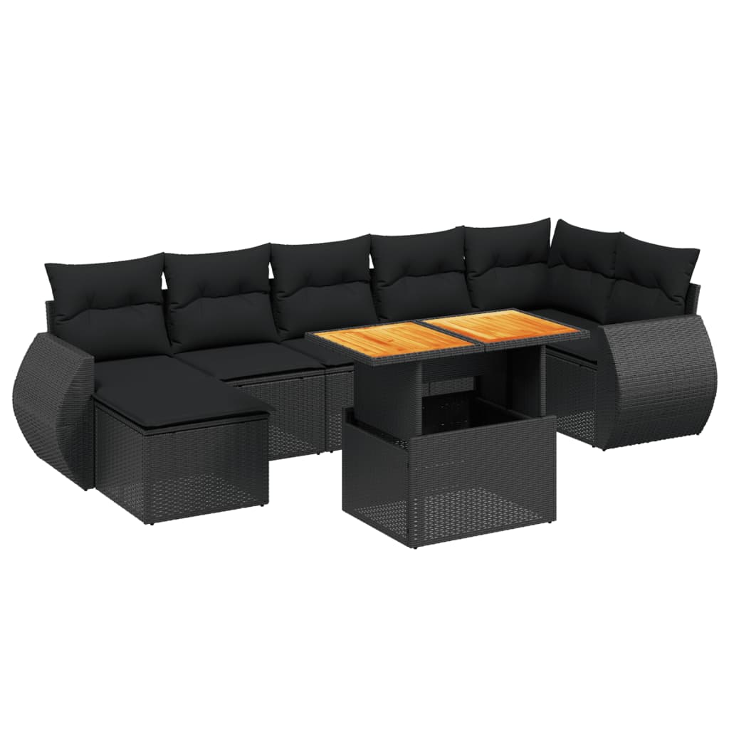 8 részes fekete polyrattan kerti ülőgarnitúra párnákkal