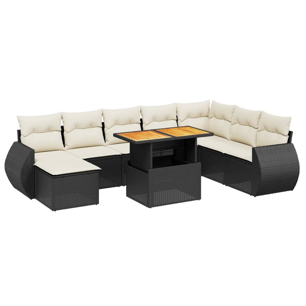 9 részes fekete polyrattan kerti ülőgarnitúra párnákkal