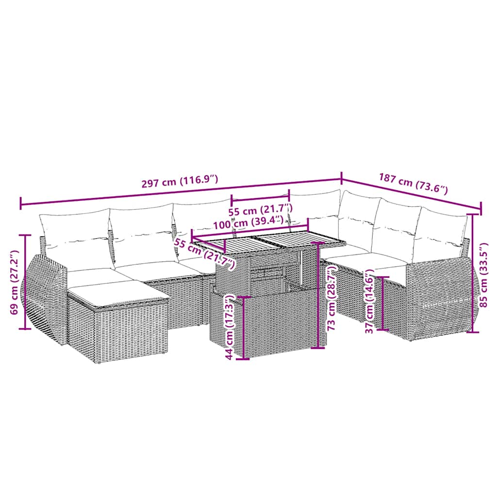 9 részes bézs polyrattan kerti ülőgarnitúra párnákkal