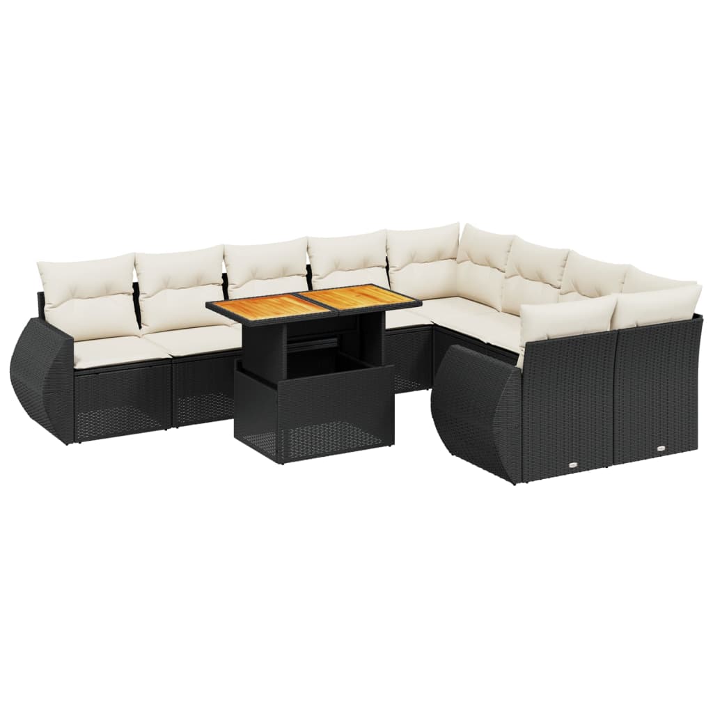 10 részes fekete polyrattan kerti ülőgarnitúra párnákkal