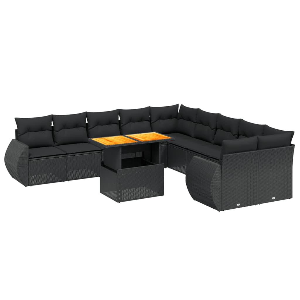 11 részes fekete polyrattan kerti ülőgarnitúra párnákkal