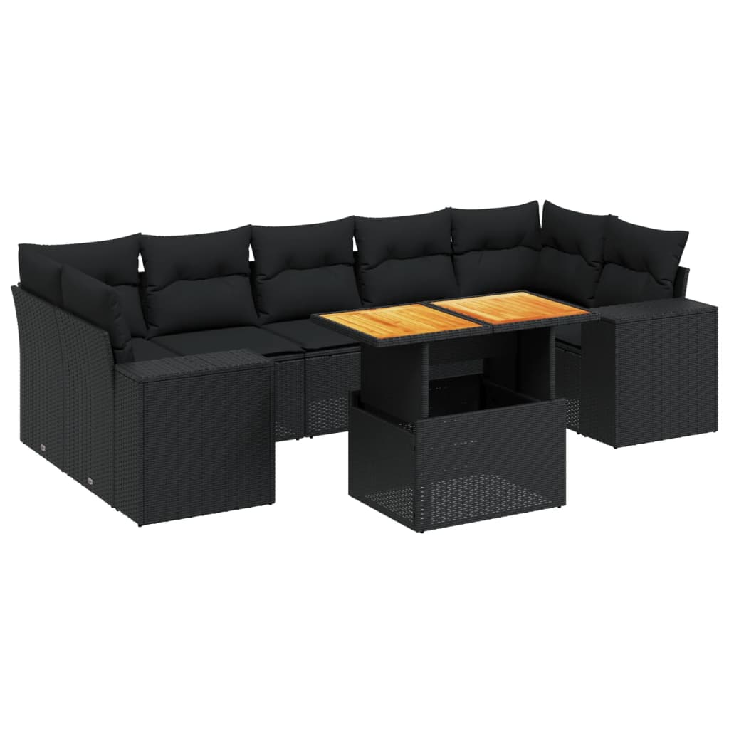 8 részes fekete polyrattan kerti ülőgarnitúra párnákkal