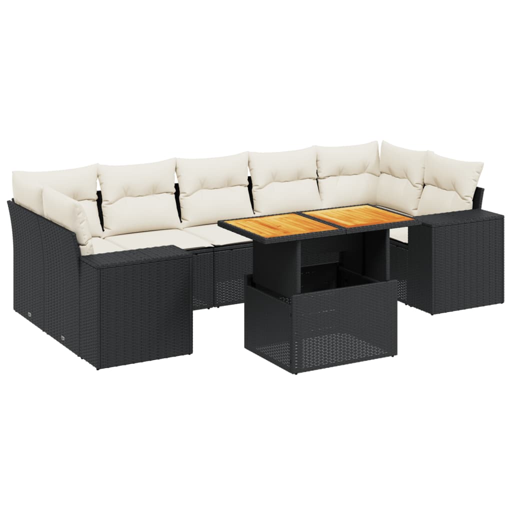 8 részes fekete polyrattan kerti ülőgarnitúra párnákkal