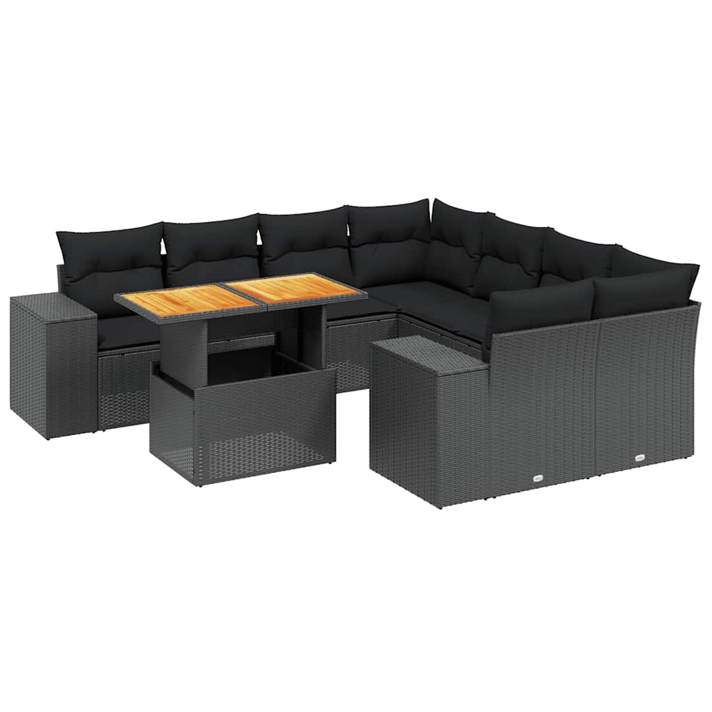 9 részes fekete polyrattan kerti ülőgarnitúra párnákkal