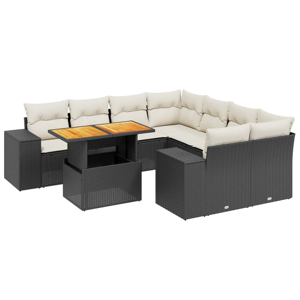 9 részes fekete polyrattan kerti ülőgarnitúra párnákkal