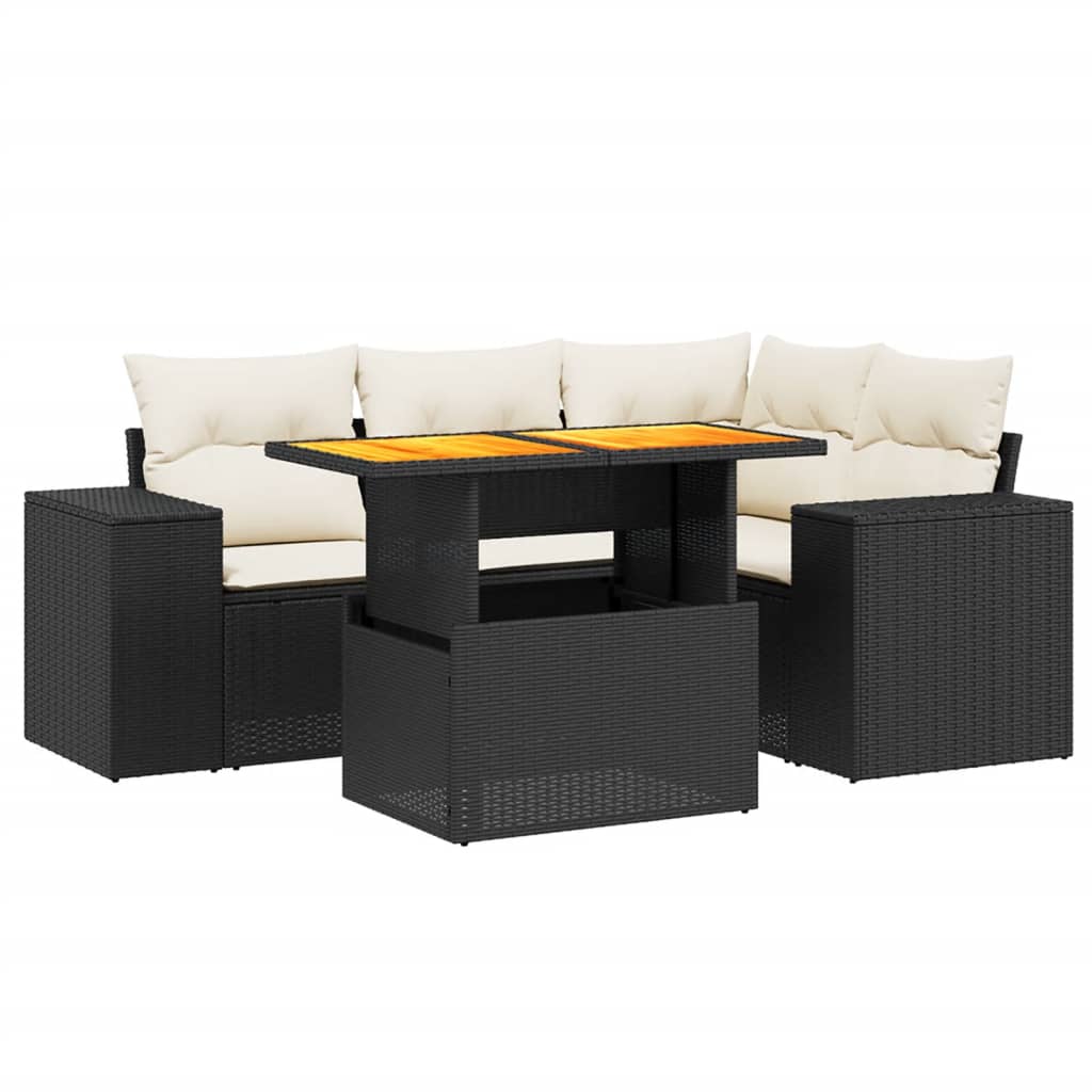 5 részes fekete polyrattan kerti kanapészett párnákkal