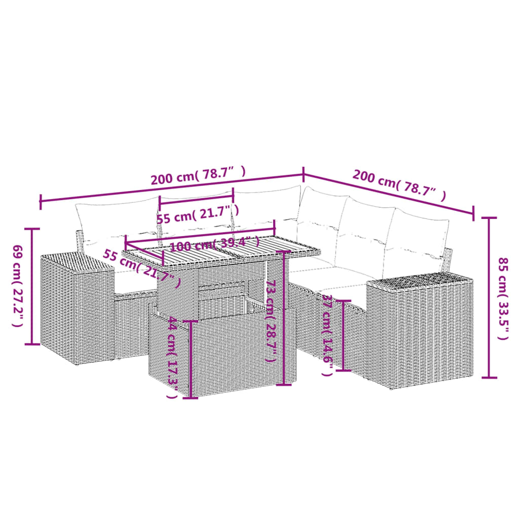 6 részes fekete polyrattan kerti ülőgarnitúra párnákkal