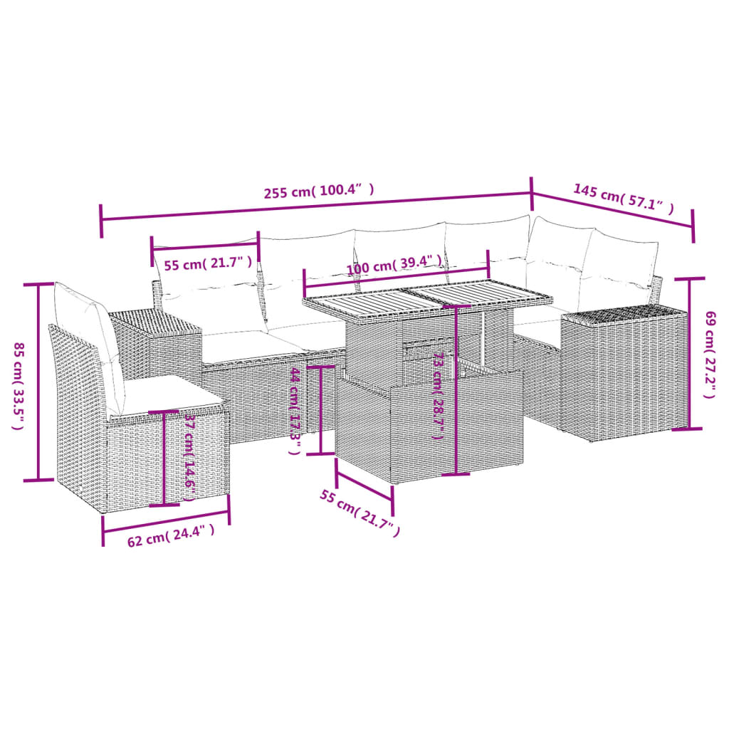 7 részes fekete polyrattan kerti ülőgarnitúra párnával