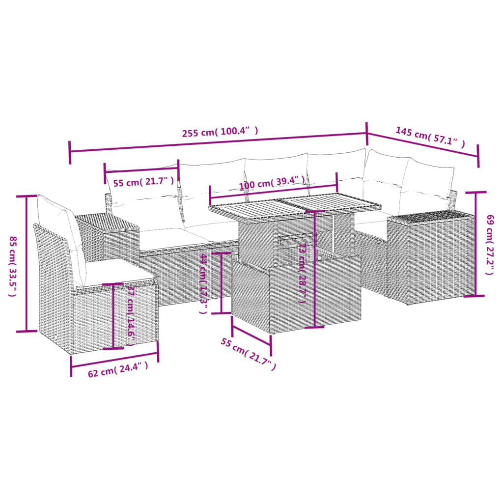 7 részes bézs polyrattan kerti ülőgarnitúra párnákkal