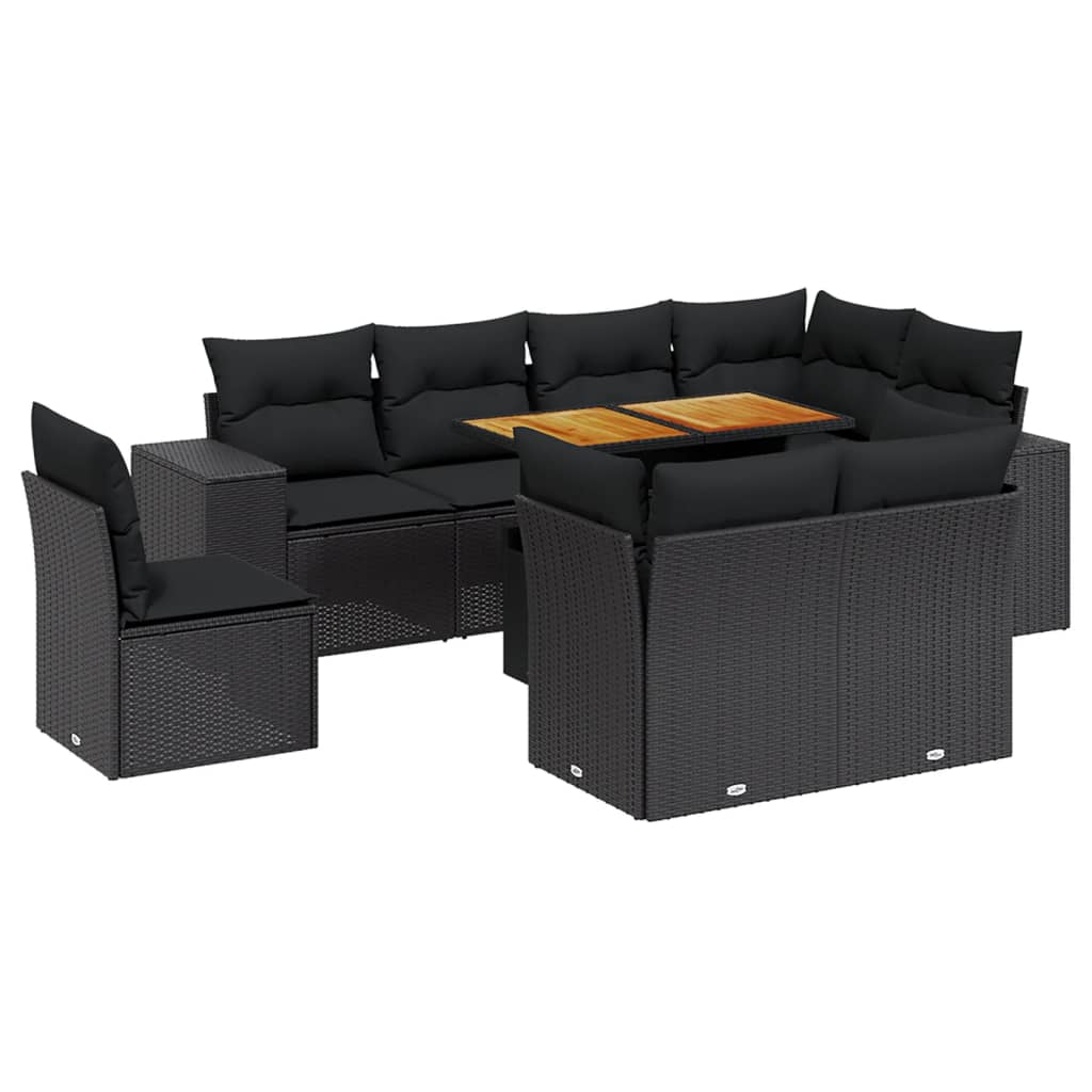 9 részes fekete polyrattan kerti ülőgarnitúra párnákkal