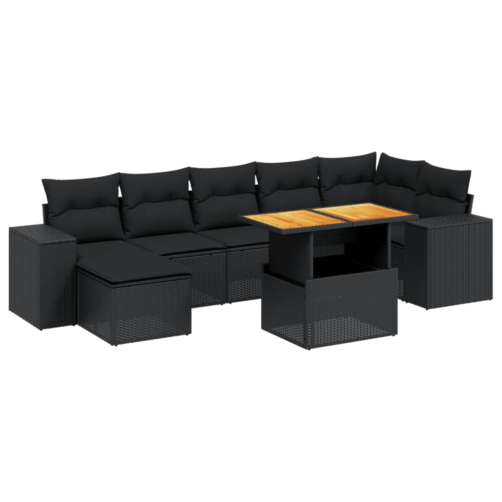 8 részes fekete polyrattan kerti ülőgarnitúra párnákkal