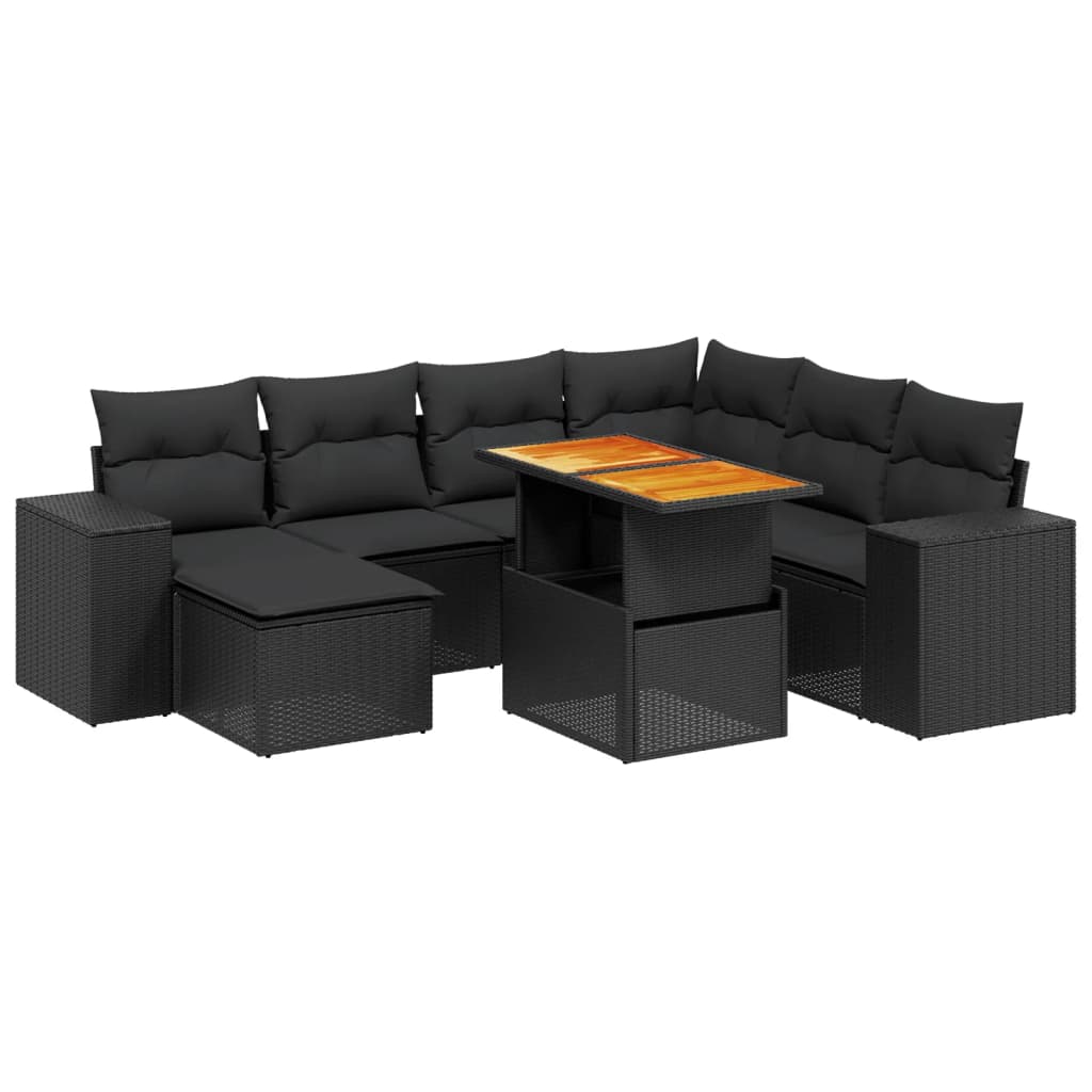 8 részes fekete polyrattan kerti ülőgarnitúra párnákkal