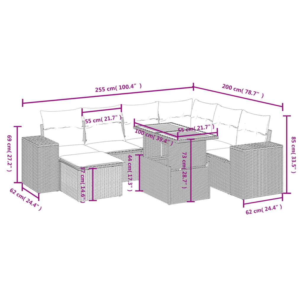 8 részes szürke polyrattan kerti ülőgarnitúra párnákkal