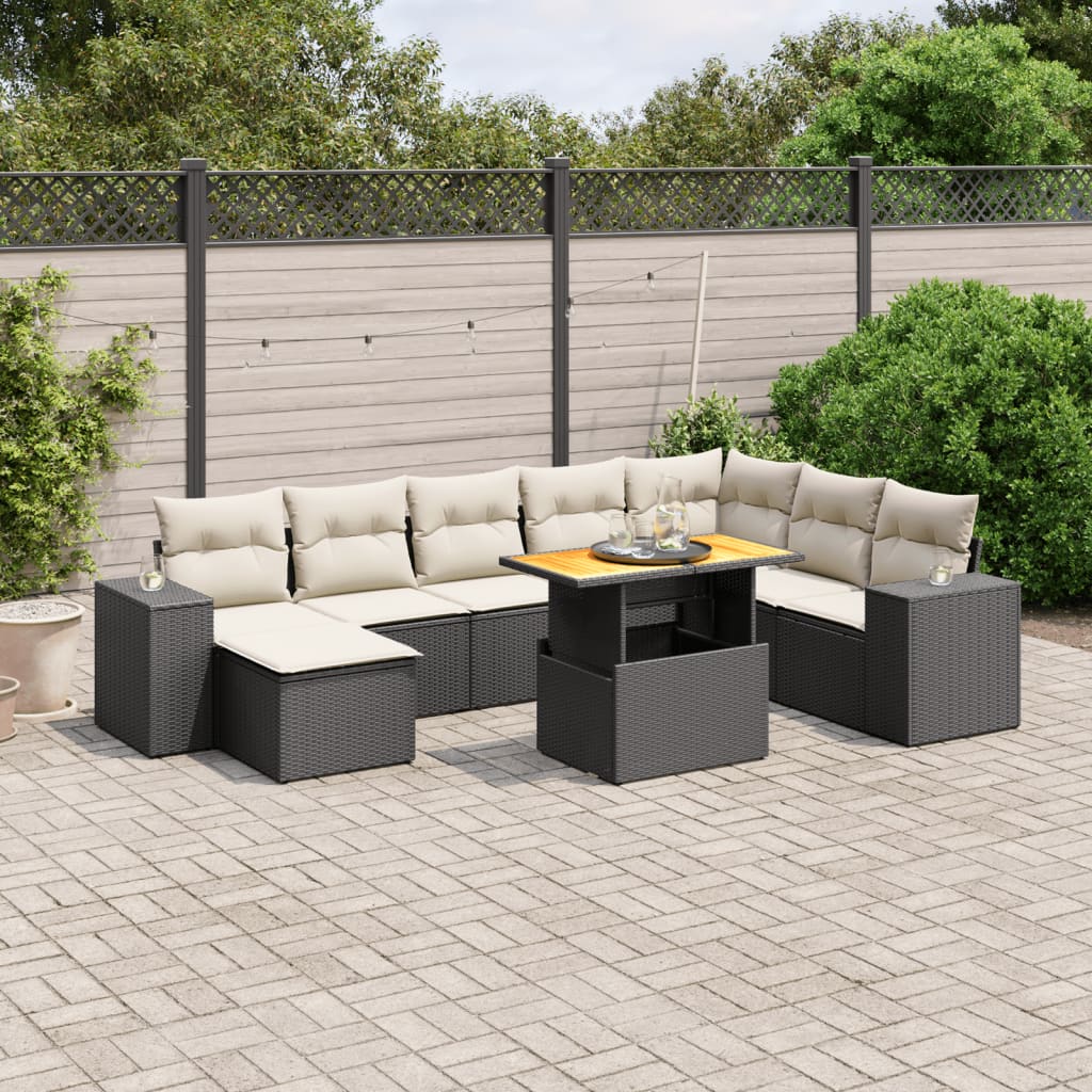 9 részes fekete polyrattan kerti ülőgarnitúra párnákkal