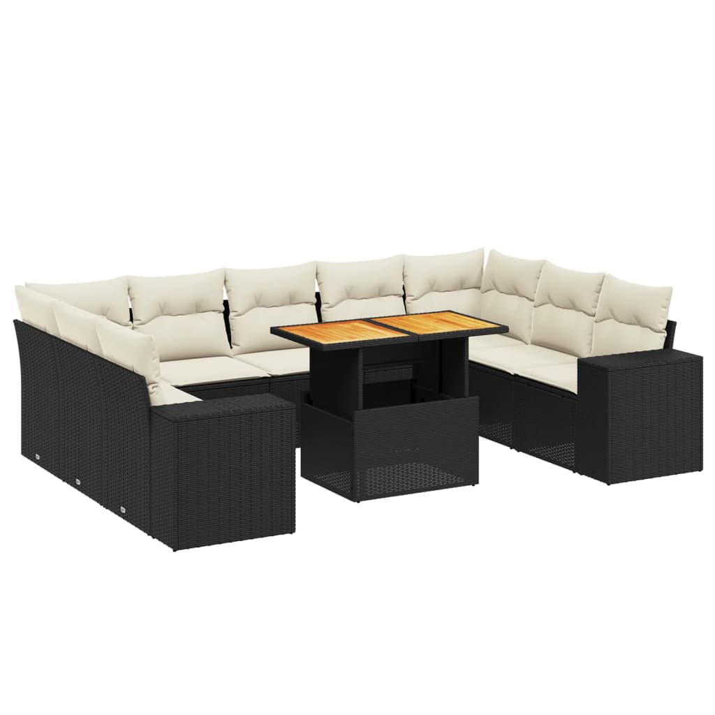 10 részes fekete polyrattan kerti ülőgarnitúra párnákkal
