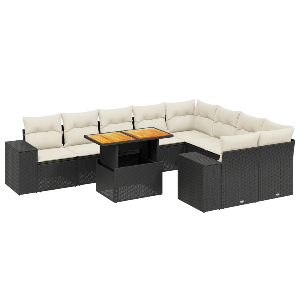 10 részes fekete polyrattan kerti ülőgarnitúra párnákkal