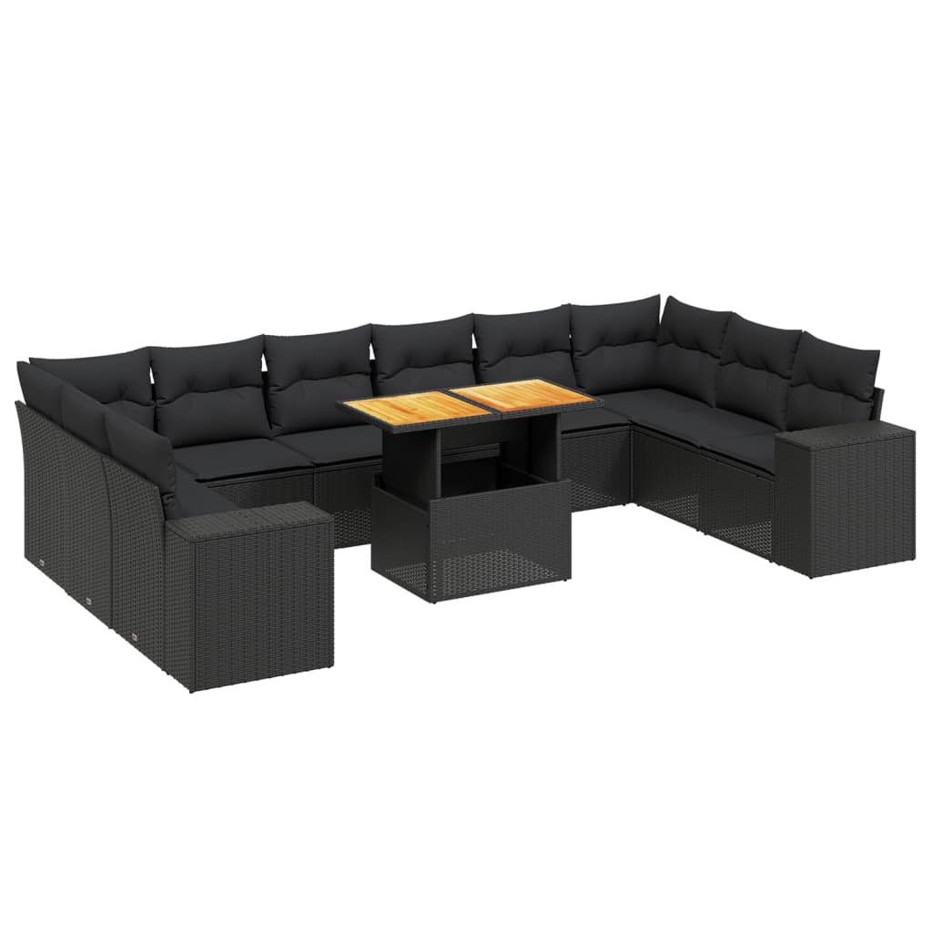 11 részes fekete polyrattan kerti ülőgarnitúra párnákkal
