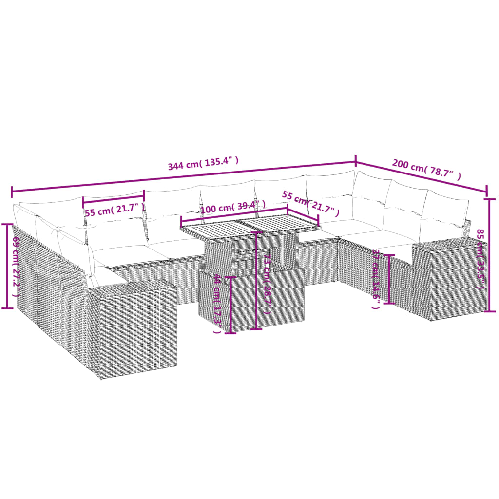 11 részes fekete polyrattan kerti ülőgarnitúra párnákkal