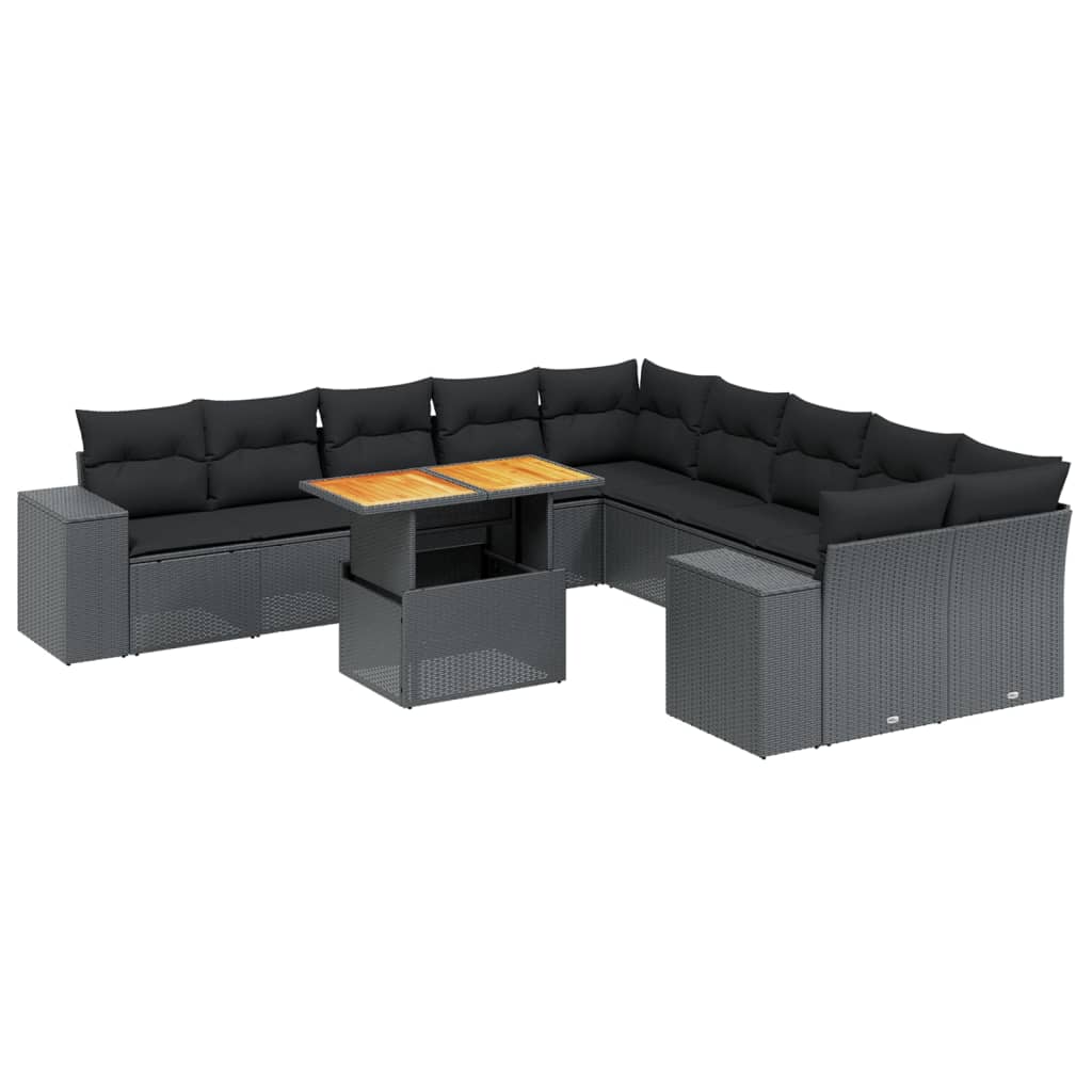 11 részes fekete polyrattan kerti ülőgarnitúra párnákkal