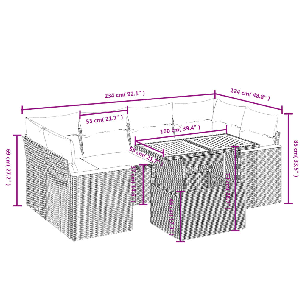 7 részes bézs polyrattan kerti ülőgarnitúra párnákkal