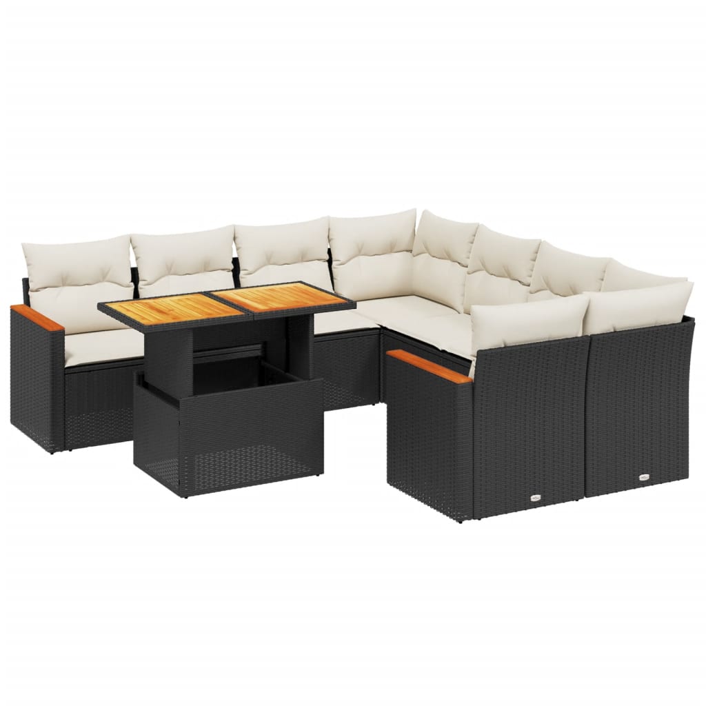 9 részes fekete polyrattan kerti ülőgarnitúra párnákkal