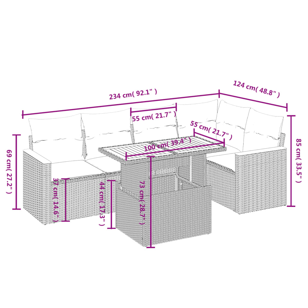 6 részes fekete polyrattan kerti ülőgarnitúra párnákkal
