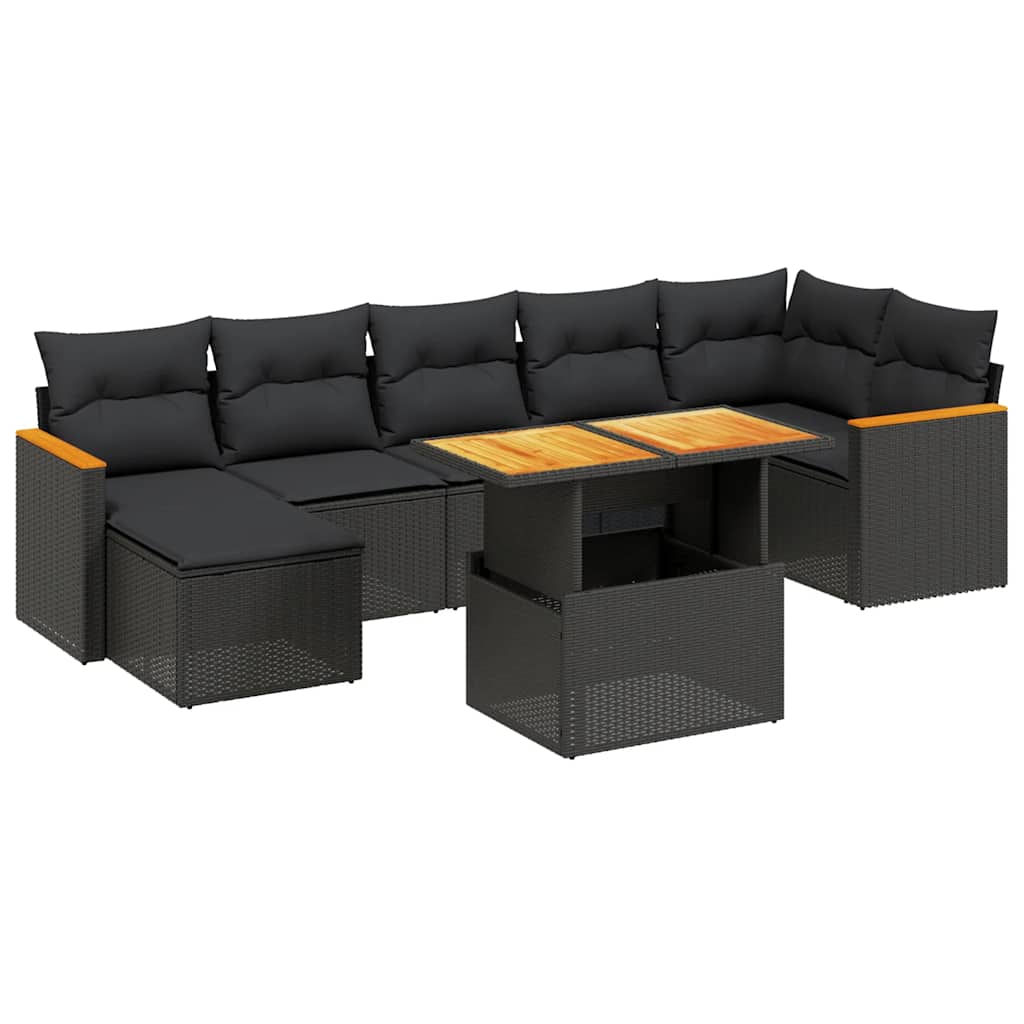 8 részes fekete polyrattan kerti ülőgarnitúra párnákkal