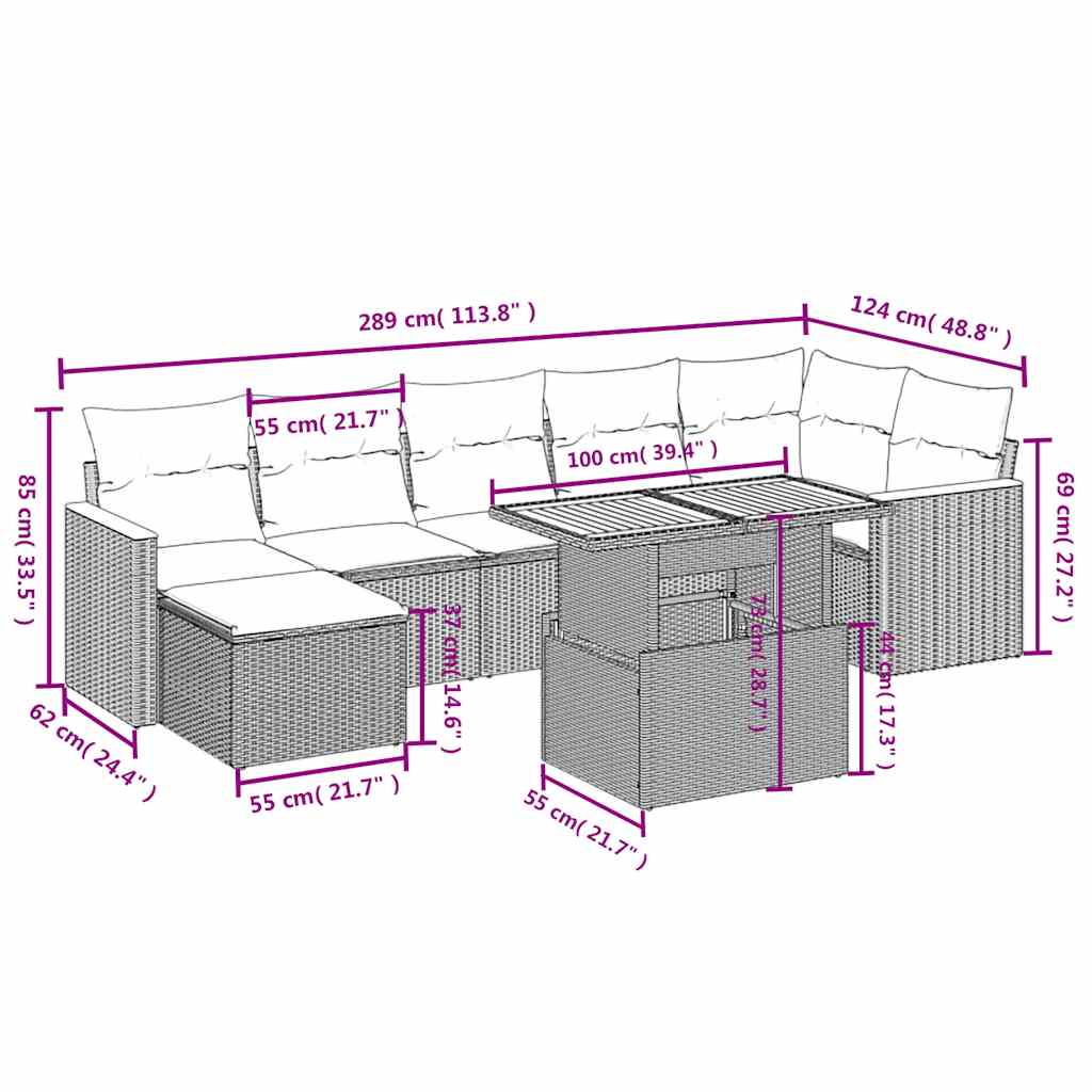 8 részes fekete polyrattan kerti ülőgarnitúra párnákkal