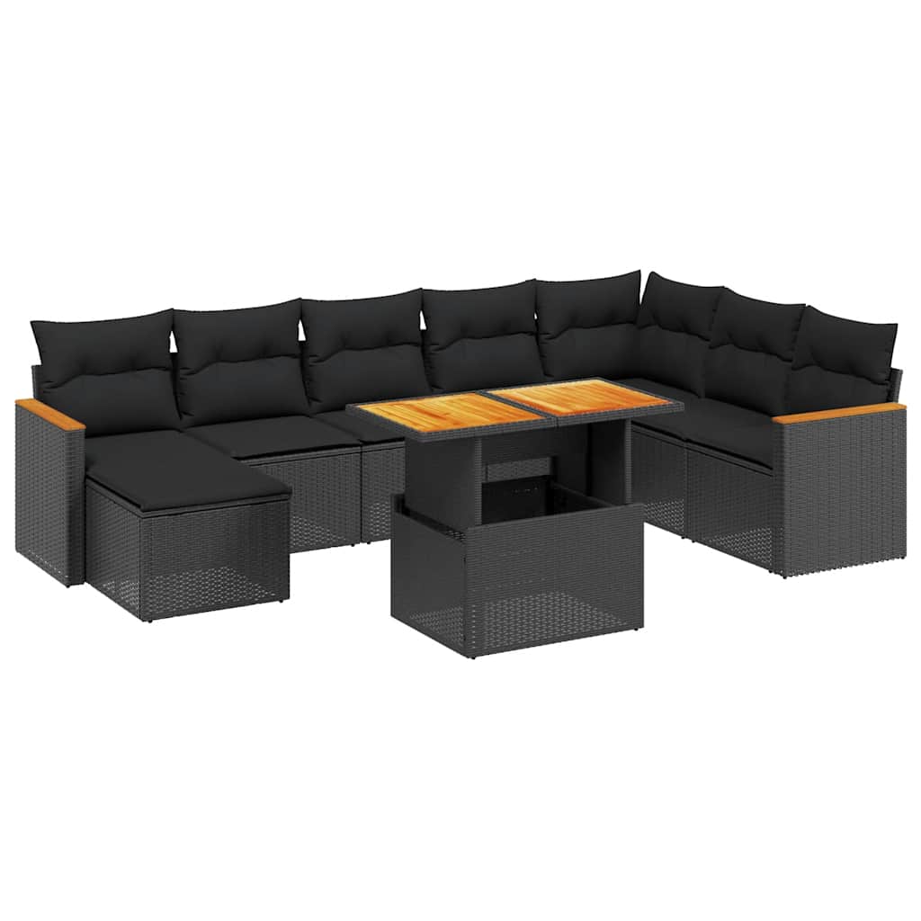 9 részes fekete polyrattan kerti ülőgarnitúra párnákkal