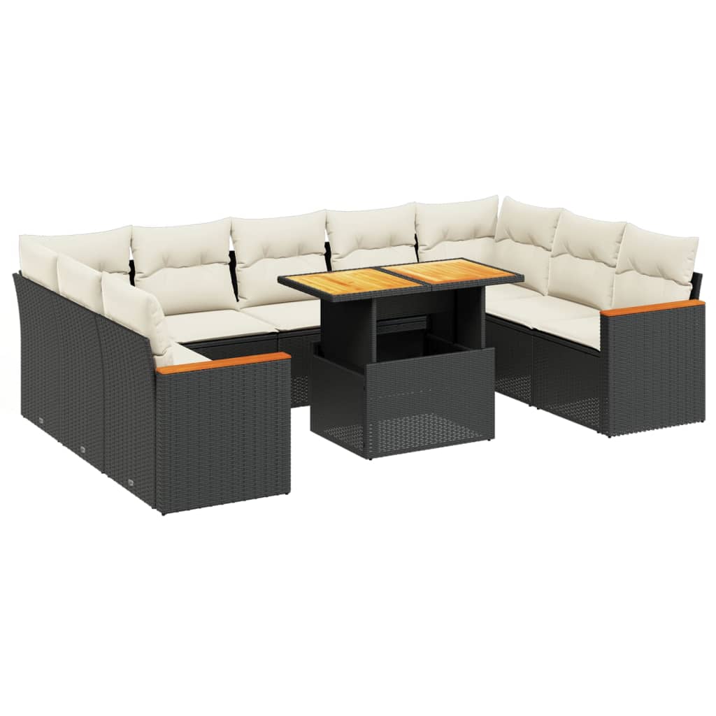10 részes fekete polyrattan kerti ülőgarnitúra párnákkal