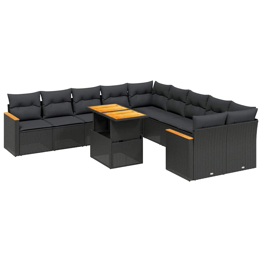 11 részes fekete polyrattan kerti ülőgarnitúra párnákkal